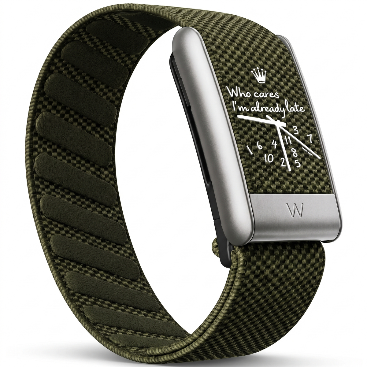 Bracelet WHOOPII Time Kaki clip argenté, vue trois-quarts