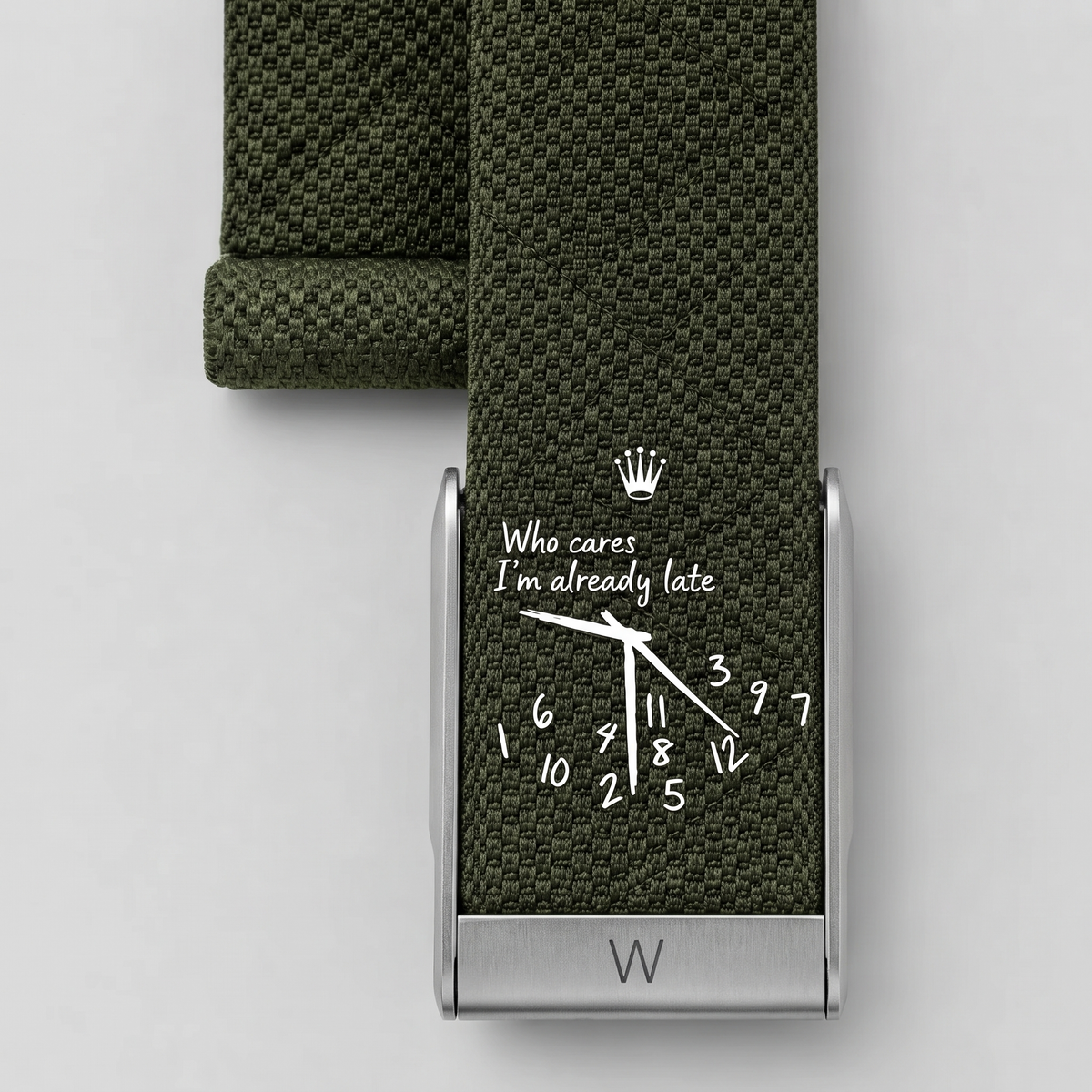 Bracelet WHOOPII Time Kaki clip argenté, détail du cadran